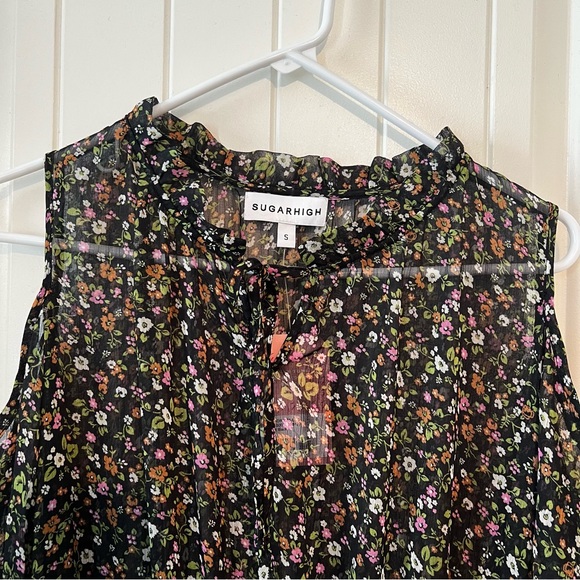 Sugarhigh Juniors Small Tiered Sheer Ditsy Floral Black Mini Dress Boho Prairie - Picture 10 of 14